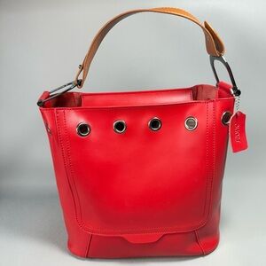 S-ZONE Red All Leather Bucket Tote Bag with Tan Handle and Metal Grommets